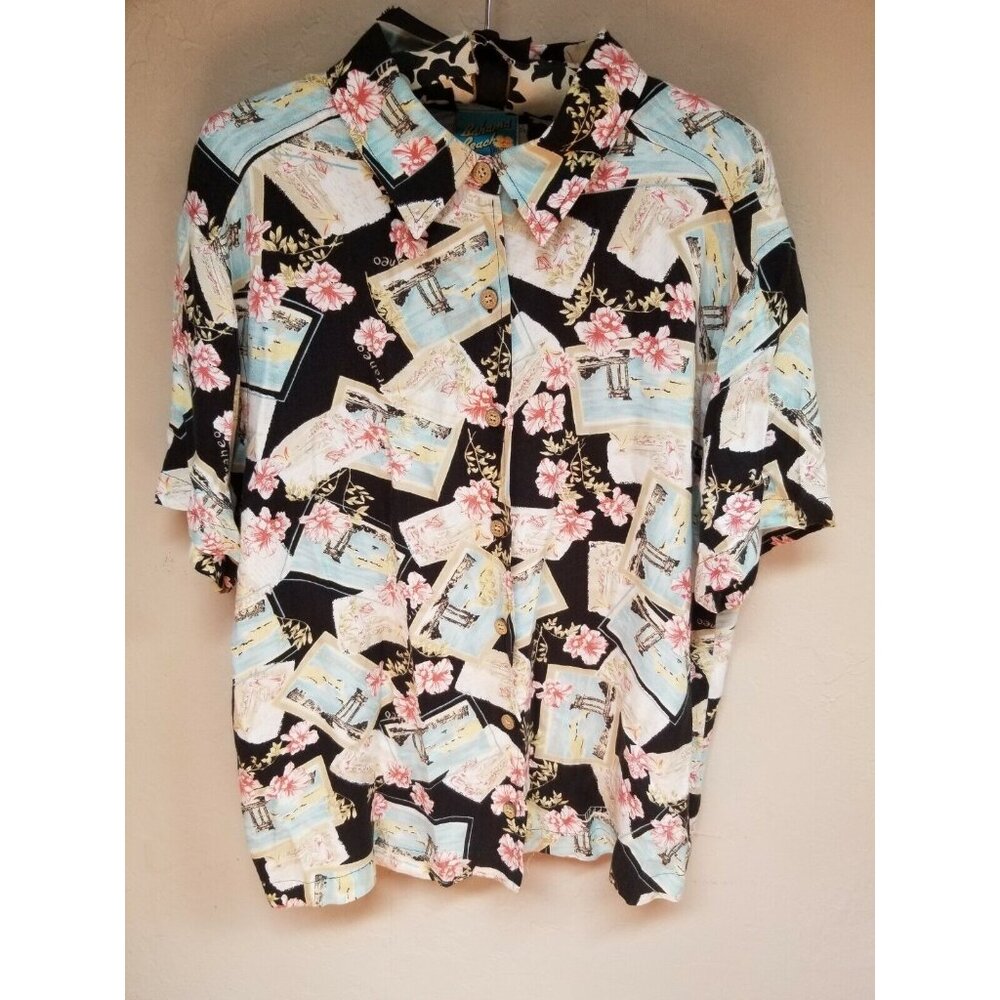 Bahama Beach Women Button Down Hawaiian Shirt Top Size 1X Postcards Floral Multi